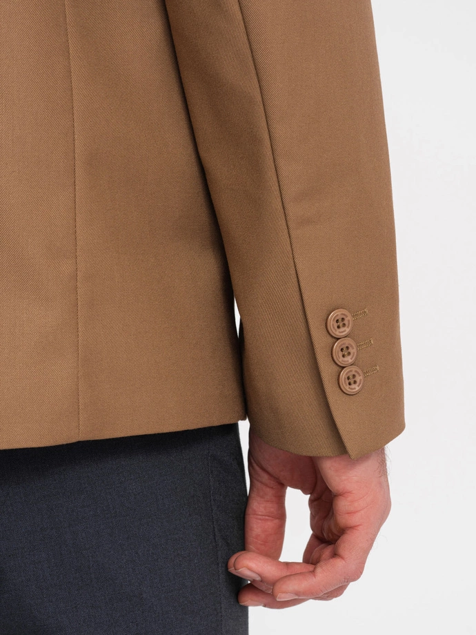 Klasyczna marynarka męska z kieszenią na poszetkę - karmelowa V2 OM-BLZB-0115