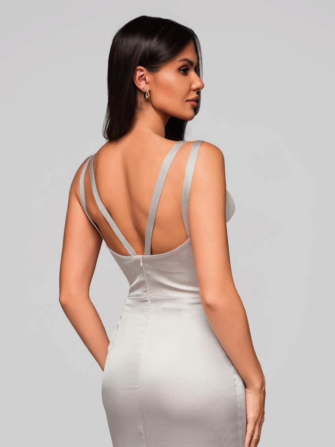 Sukienka damska midi z wąskimi ramiączkami i dekoltem w serek LIDIA DLR196 - srebrna