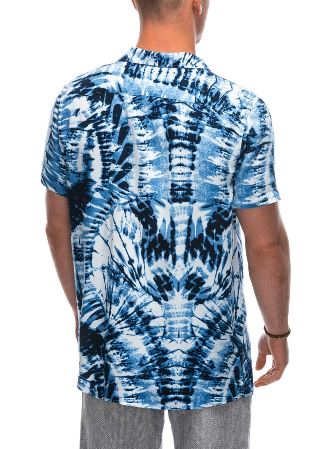 Wiskozowa wzorzysta męska koszula z krótkim rękawem OM-SHPS-0113 - biała/granatowa V12