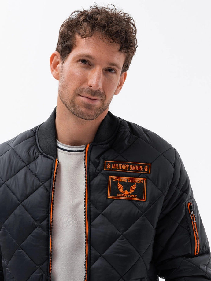 Kurtka męska ocieplana bomberka z naszywkami 357C - czarna V4