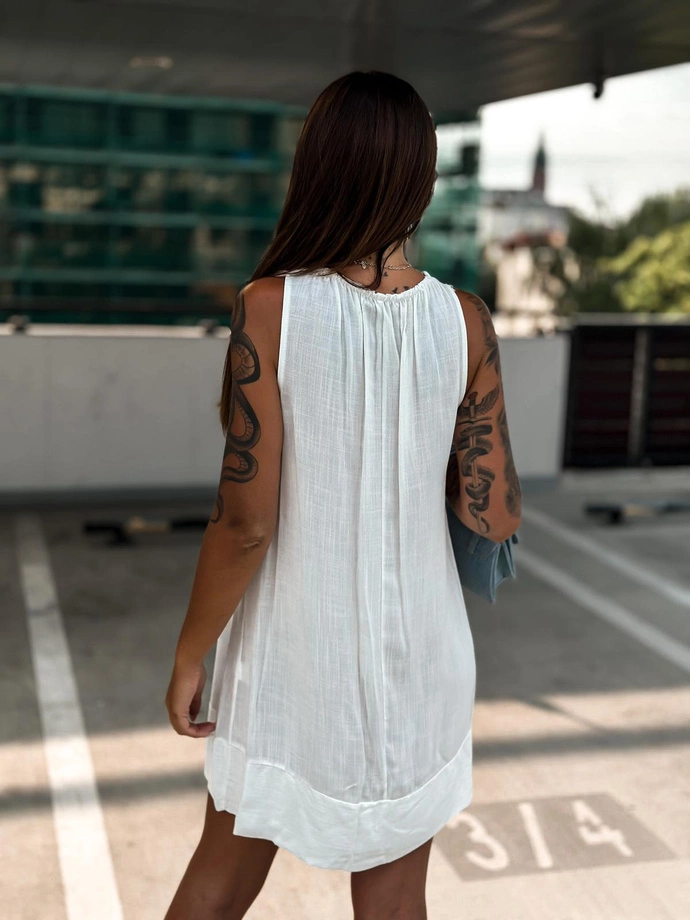 Sukienka mini dekolt łódka marszczony z kokardą - DLR110 ecru