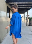 Sukienka z lnem, koszulowa na stójce - DLR112 niebieska