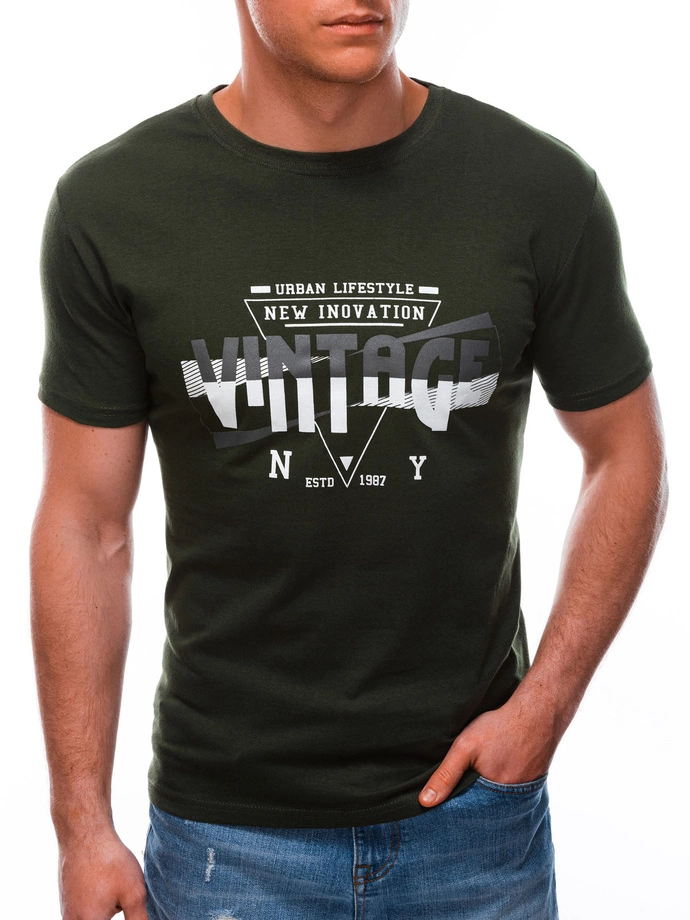 T-shirt męski z nadrukiem 1587S - khaki/szary