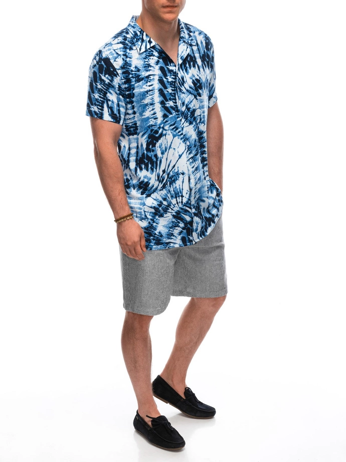 Wiskozowa wzorzysta męska koszula z krótkim rękawem OM-SHPS-0113 - biała/granatowa V12