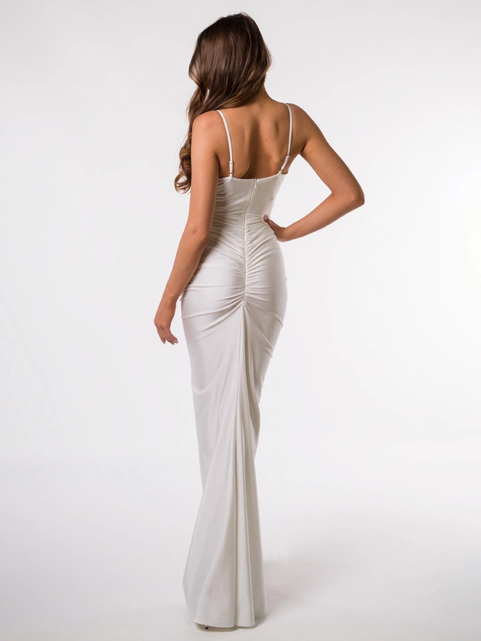 Sukienka damska maxi na wąskich ramiączkach z prostym dekoltem KYLIE DLR199 - ecru