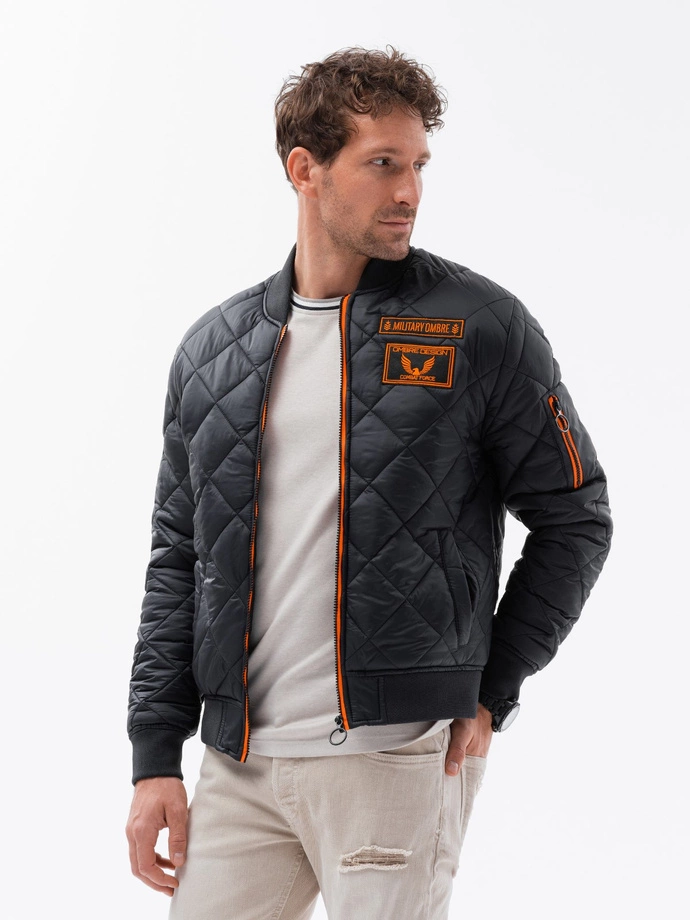 Kurtka męska ocieplana bomberka z naszywkami 357C - czarna V4