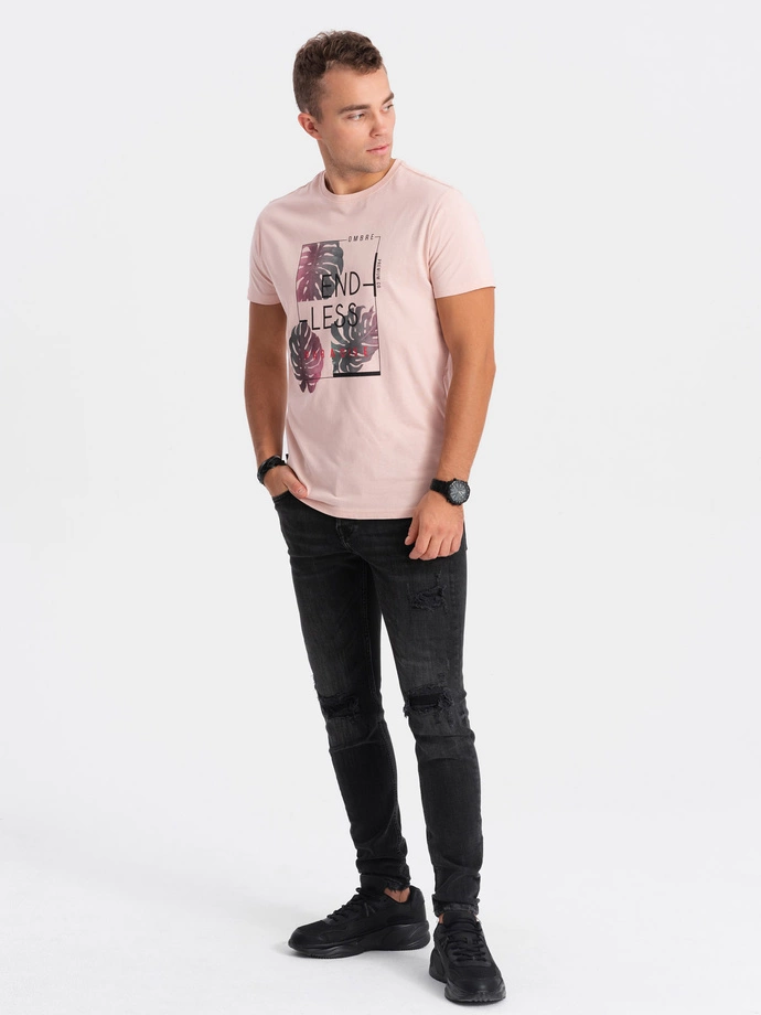 T-shirt męski z nadrukiem - jasnoróżowy V2 OM-TSPT-0131 (PALE ROSE)