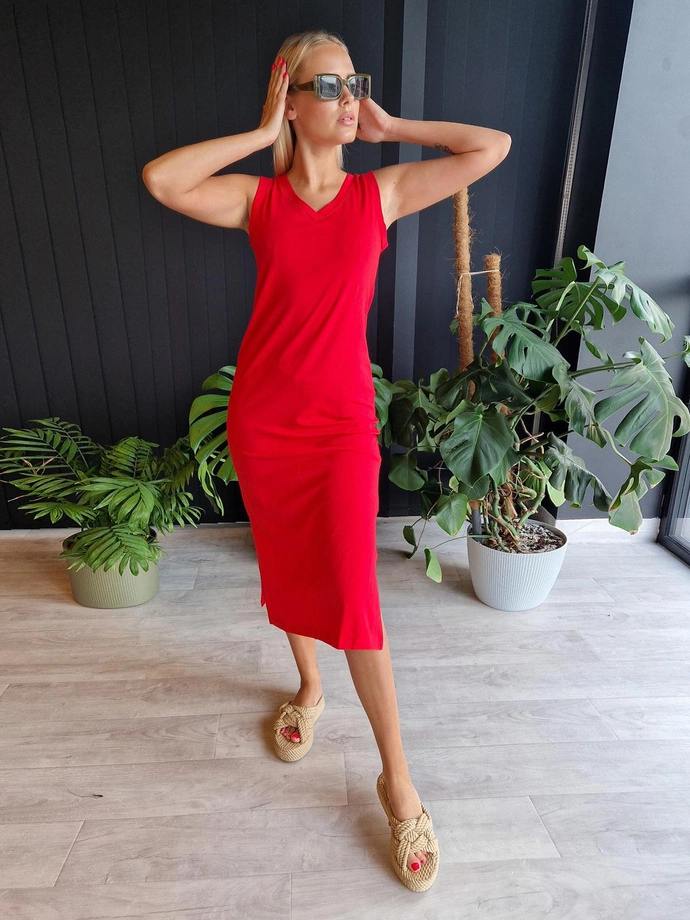 Sukienka midi w serek z rozporkami DLR108 - czerwona