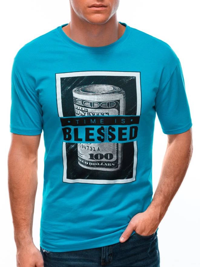 T-shirt męski z nadrukiem 1601S - niebieski