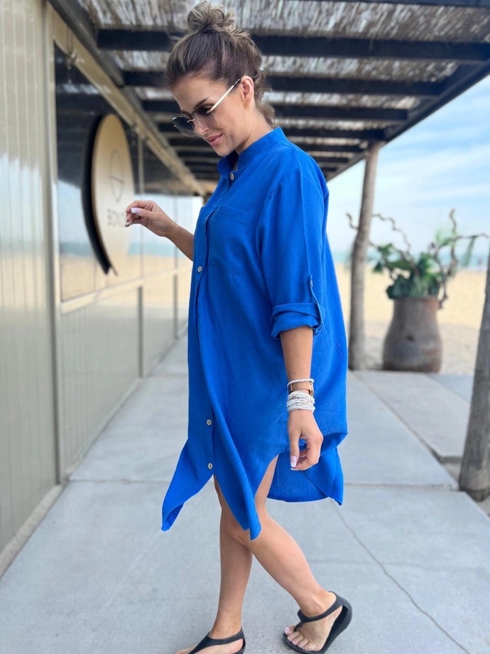 Sukienka z lnem, koszulowa na stójce - DLR112 niebieska