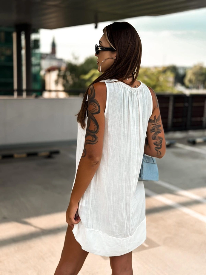 Sukienka mini dekolt łódka marszczony z kokardą - DLR110 ecru