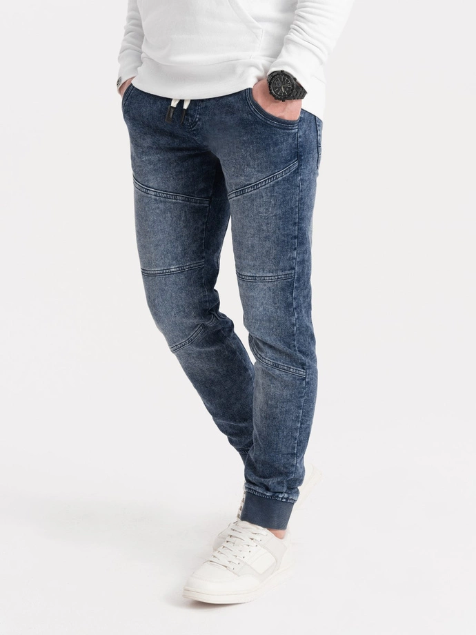 Spodnie męskie marmurkowe JOGGERY z przeszyciami - niebieskie V1 OM-PADJ-0108