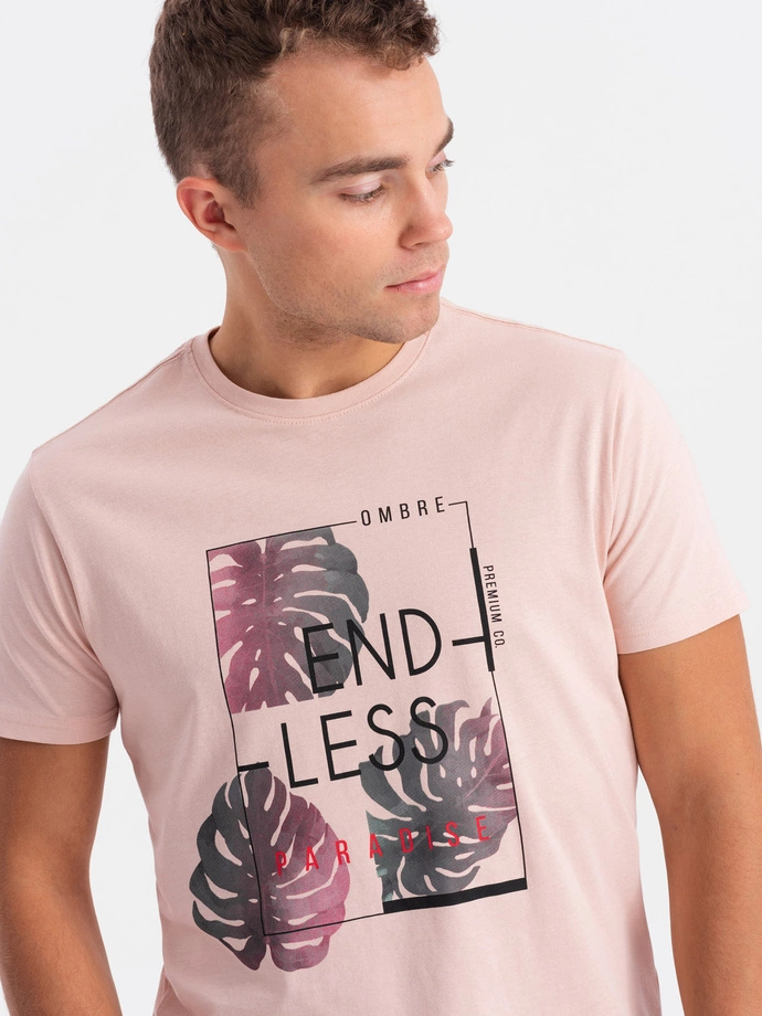 T-shirt męski z nadrukiem - jasnoróżowy V2 OM-TSPT-0131 (PALE ROSE)
