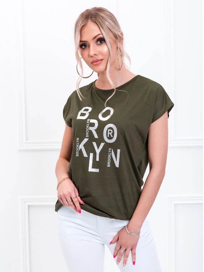 T-shirt damski z nadrukiem 020SLR - khaki