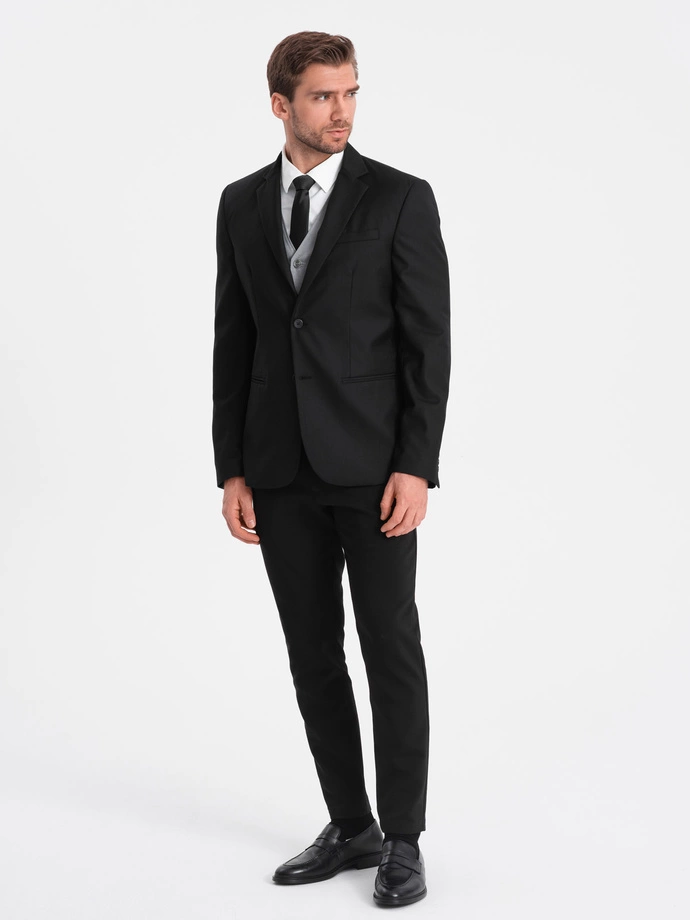 Męska klasyczna marynarka z kieszenią na poszetkę - czarna V4 OM-BLZB-0115