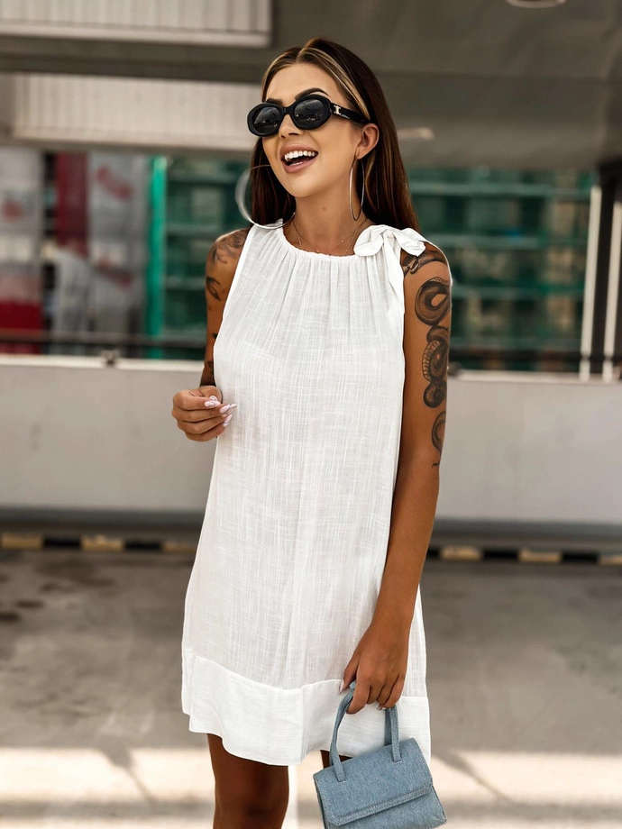 Sukienka mini dekolt łódka marszczony z kokardą - DLR110 ecru