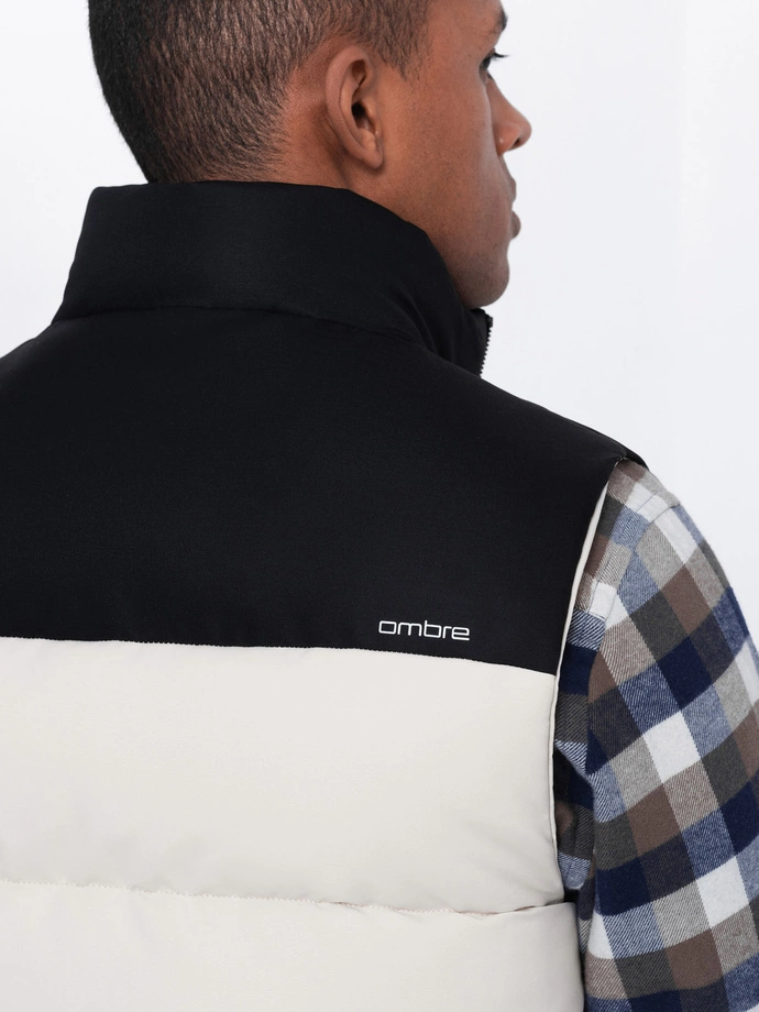 Męski pikowany bezrękawnik w kontrastowych kolorach - kremowy V1 OM-JAVJ-0161