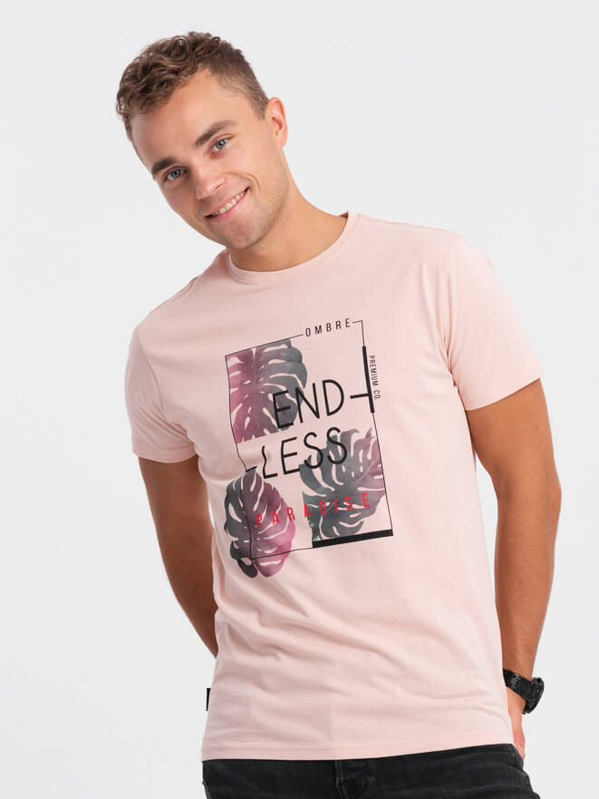 T-shirt męski z nadrukiem - jasnoróżowy V2 OM-TSPT-0131 (PALE ROSE)