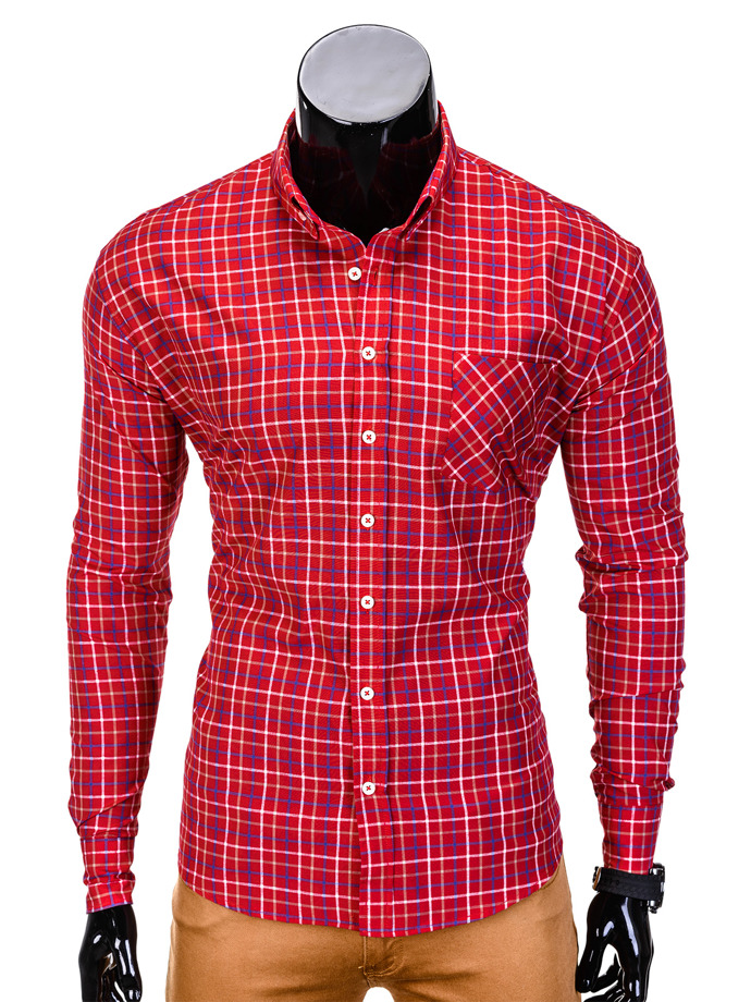 Koszula męska w kratę z długim rękawem 390K - czerwona