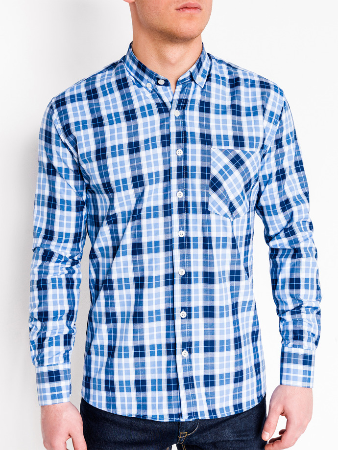 Koszula męska w kratę z długim rękawem 393K - błękitna